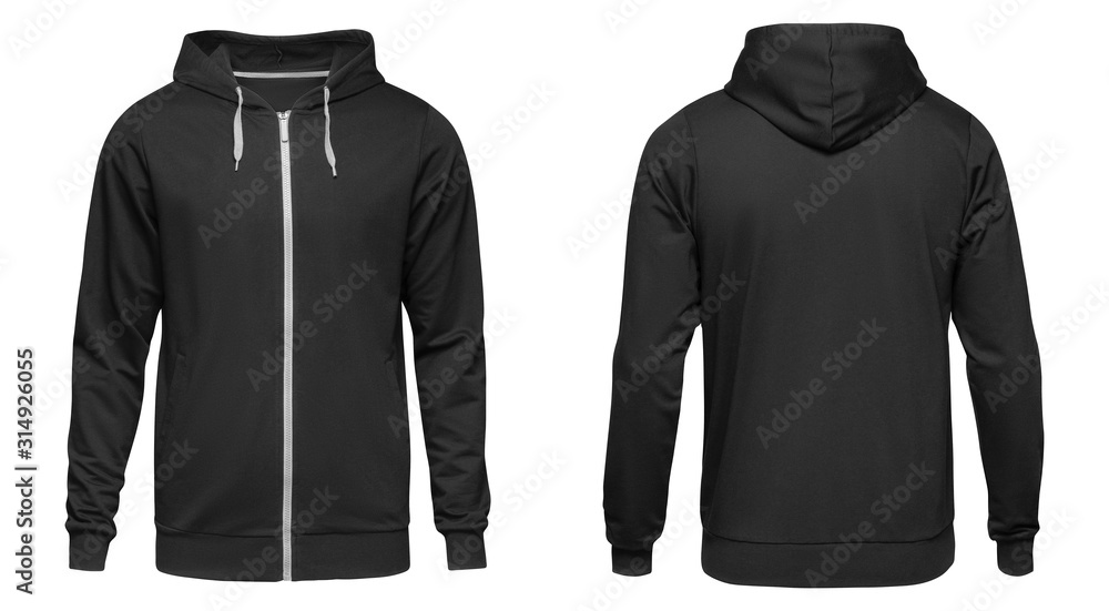 Men's hoodie black with zipper isolated on white background. Blank ...