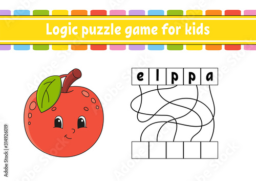 Logic puzzle game. Learning words for kids. Cute Apple. Find the hidden name. Worksheet, Activity page. English game. Isolated vector illustration. Cartoon character.