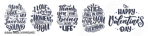 Set with slogans about love in beautiful style. Vector abstract lettering compositions. Trendy graphic design for prints and cards. Motivation posters. Calligraphy text for Valentine's Day.