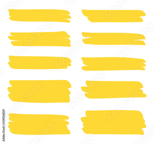 Set different yellow highlighter marker strokes. Brush pen underline lines. Vector illustration