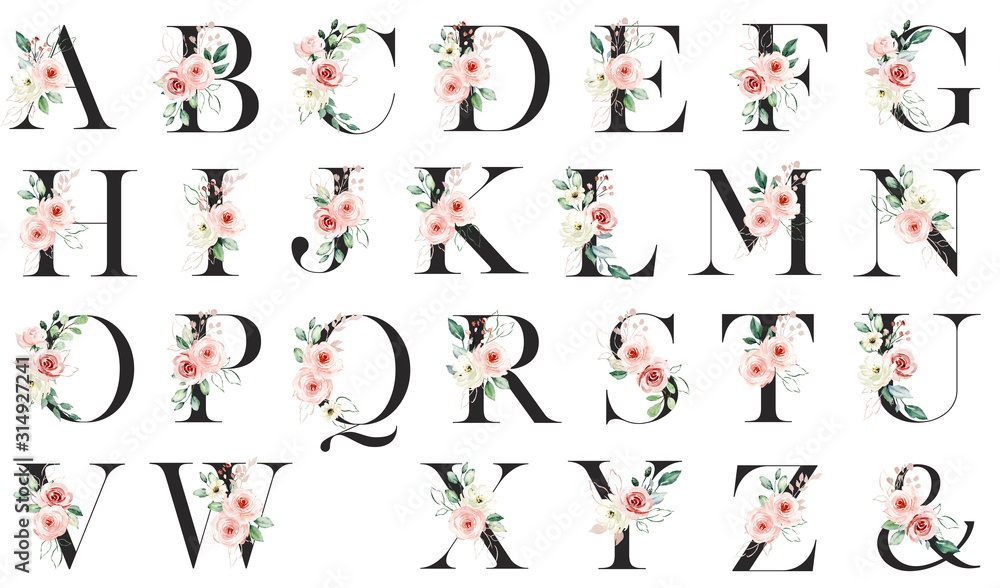 Alphabet floral letters set with watercolor flowers pink roses and leaf ...