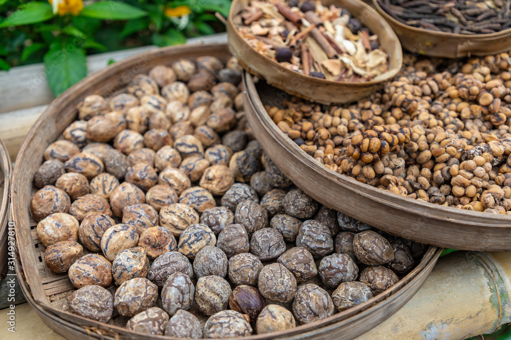 Fototapeta premium Organic healthy dryed nuts at balinese village.