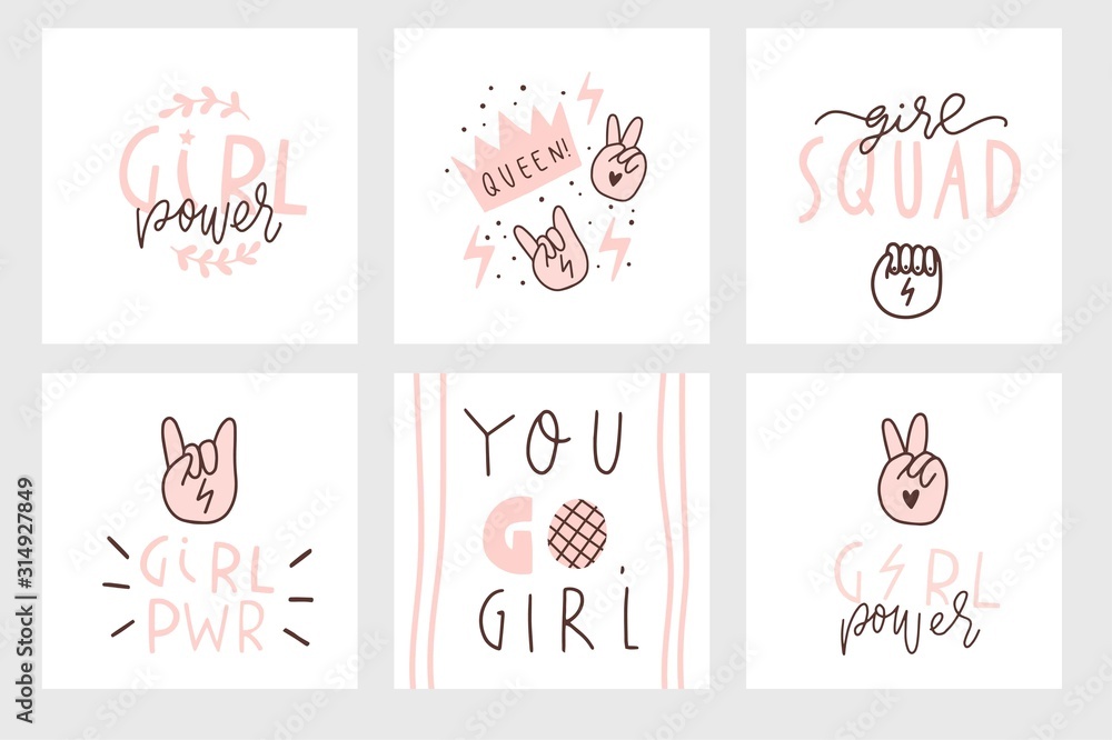 Naklejka premium International Women's Day cards set. Vector template with illustration of beautiful women and Girl power lettering. Perfect for cards, posters, flyer and other uses. Vector illustration