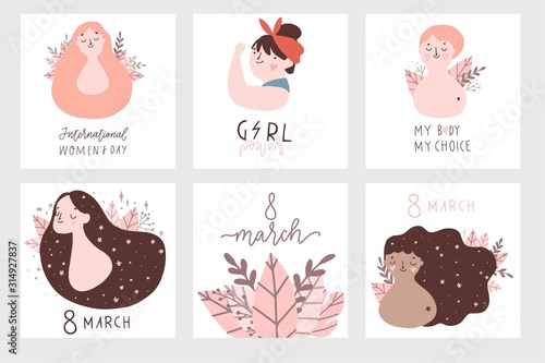 International Women's Day cards set. Vector template with illustration of beautiful women and Girl power lettering. Perfect for cards, posters, flyer and other uses. Vector illustration