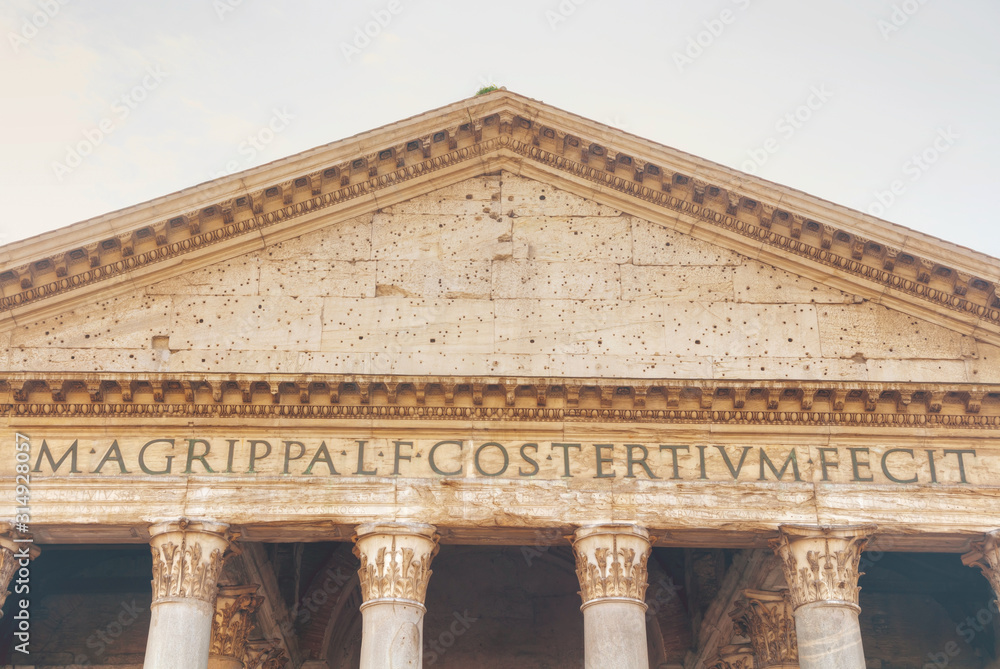 Pantheon facade close up at the Piazza della Rotonda in Rome