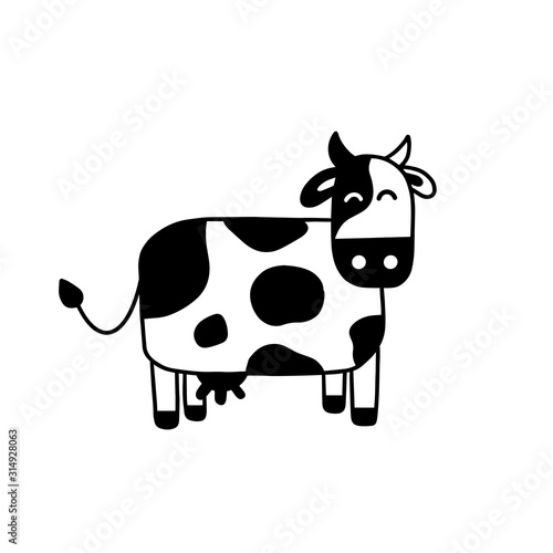 Illustration of doodle cow. Hand drawn cartoon doodle style. Simple brush strokes. Funny cow graphic design for card, poster, postcard, sticker, tee shirt. Hand drawn vector illustration.