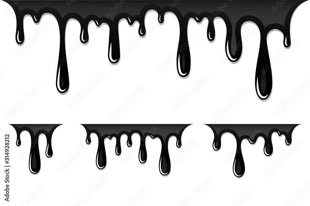Drip paint 3D set. Ink stain. Drop melt liquid isolated on white background. Splash of chocolate, oil, blood. Black graffiti. Splatter syrup, candy sauce, caramel. Vector illustration Drip paint 3D set. Ink stain. Drop melt liquid isolated on white background. Splash of chocolate, oil, blood. Black graffiti. Splatter syrup, candy sauce, caramel. Vector illustration