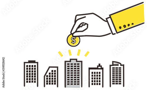 会社にお金を手渡すシンプルイメージイラスト、黄色とグレー、ベクター