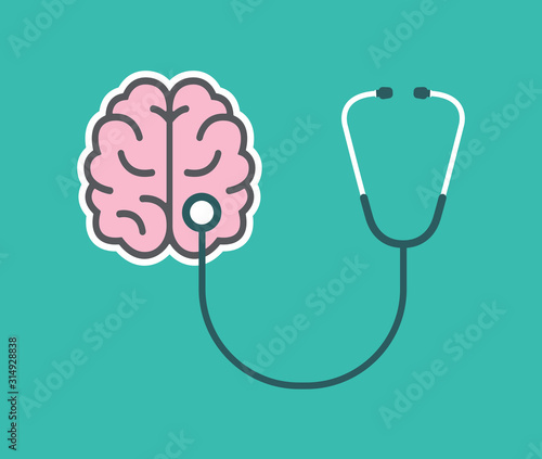 Mental health icon. Stethoscope with Brain. Vector illustration. 