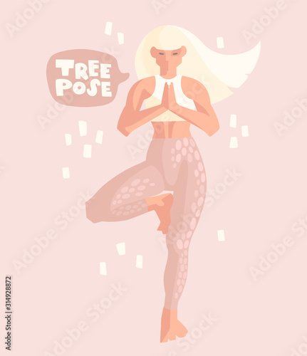 Flat hand drawn illustration. Girl and the inscription. Tree pose lettering in speech bubble. Strong woman doing yoga. Vrksasana, tree pose, balance. Healthy lifestyle, exercise, yoga workout. Vector 