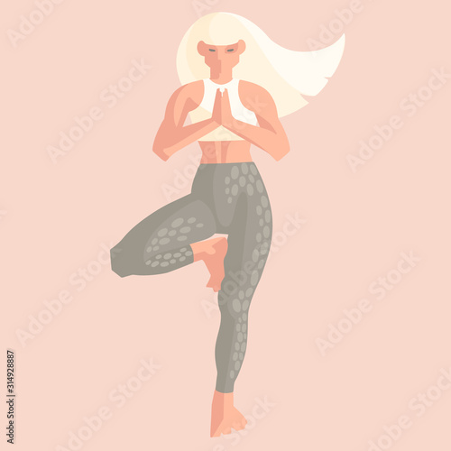 Flat hand drawn illustration. Strong woman doing yoga. Vrksasana, tree pose. Healthy lifestyle, exercise, yoga workout. Vector background.