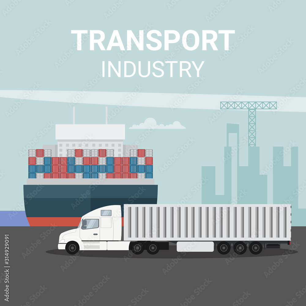 Export logistics in cargo port with truck and container ship