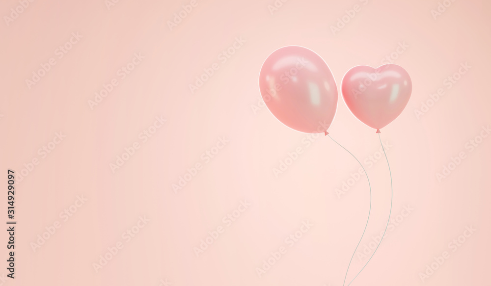 Soft Pink Pastel Balloon Round and Heart Shape Isolated on Soft Pink Background with Copy Space, 3D rendering.
