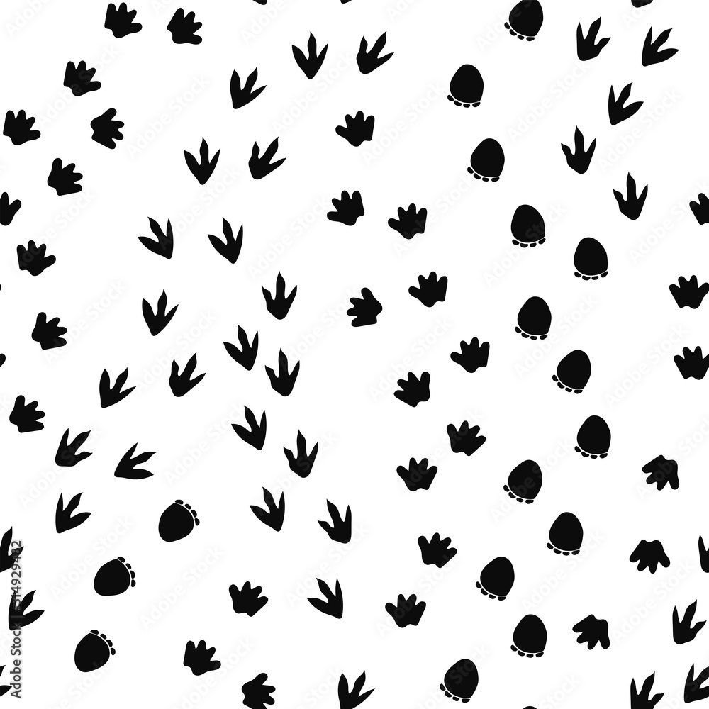 Seamless repeat pattern with different shape black dinosaur foot prints tracks trails on a white background <span>plik: #314929482 | autor: Pattern_Talent</span>