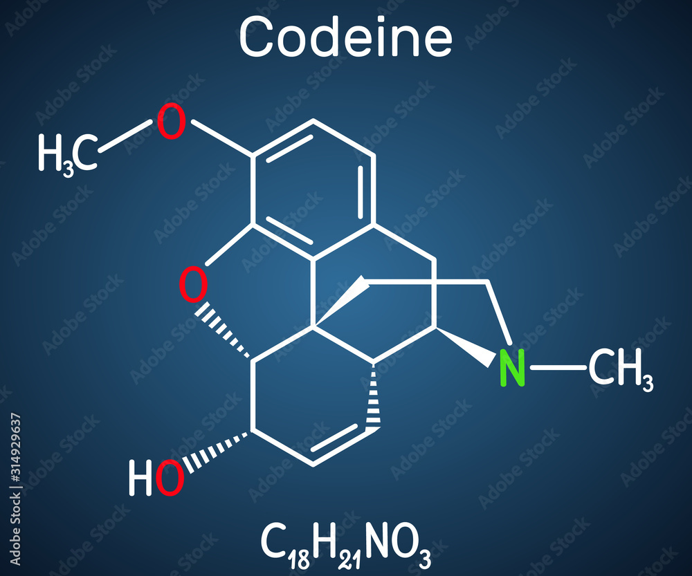 Codeine, opioid analgesic molecule. It is used as a central analgesic, sedative, hypnotic, antinociceptive, antiperistaltic agent. Structural chemical formula on the dark blue background.