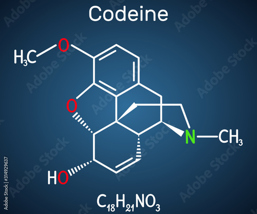 Codeine, opioid analgesic molecule. It is used as a central analgesic, sedative, hypnotic, antinociceptive, antiperistaltic agent. Structural chemical formula on the dark blue background.