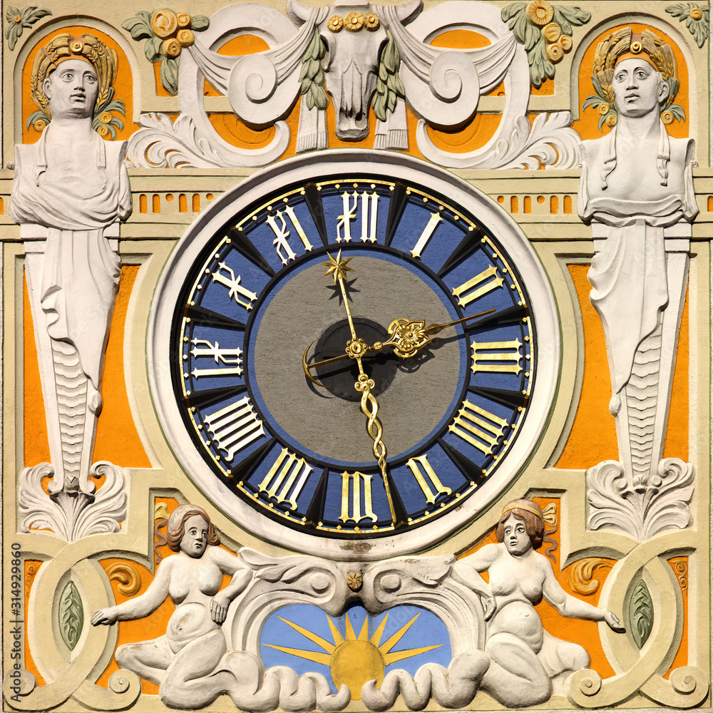 Clock at Muellersches Volksbad (Historic Jugendstil Bath) in Munich, Germany