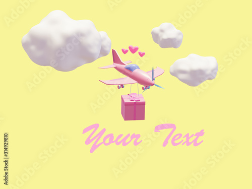 the pink airplane is carrying a great gift for the holiday, airplane in the clouds. 3d illustration