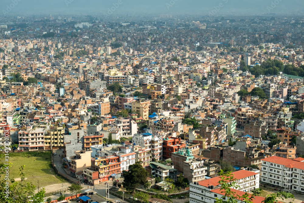 Panorama of Kathmandu, Nepal, with the height of the hill temple complex of Swayambhunath.