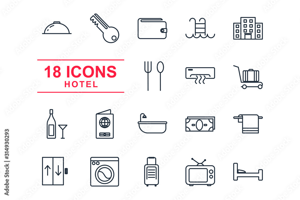 Set Hotel element icon template color editable. Hotel pack symbol vector sign isolated on white background illustration for graphic and web design. Set Hotel element icon template color editable. Hotel pack symbol vector sign isolated on white background illustration for graphic and web design.