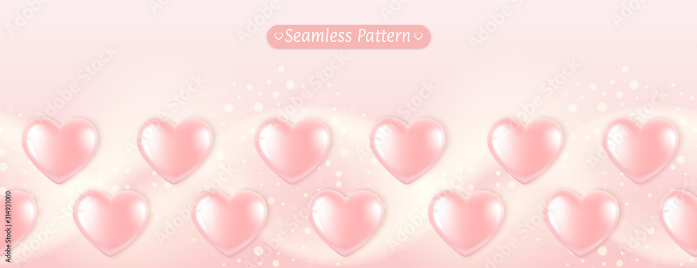 Seamless pattern with pink balloons in the shape of a heart. Romantic realistic illustration for Valentines Day and Women s Day. Vector.