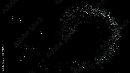 Beautiful Underwater Spline-shaped Motion Bubbles on Black Background. 3D Animation of Fast Flowing Water Bubbles Mass. 4k ultra HD 3840x2160.