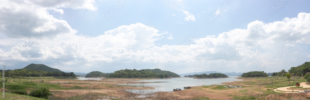 Obraz premium Blue sky with trees, clouds and mountains, sky background image, Panorama view