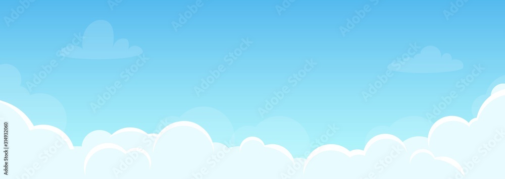 Background with sky and beautiful clouds. Illustration for flyer, banner in horizontal orientation. Good weather, clear sky. Vector, flat style.