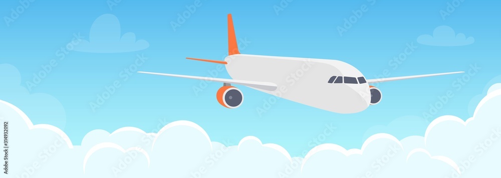 Flying plane above the clouds. Aircraft in the sky. Travel concept illustration for advertising airline, website to search for air tickets, travel agency. Traveling flyer, banner, vector illustration.