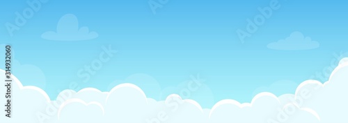 Background with sky and beautiful clouds. Illustration for flyer, banner in horizontal orientation. Good weather, clear sky. Vector, flat style.