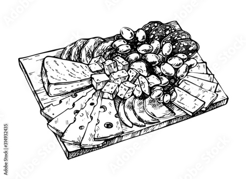 Photographie Hand drawn sketch of cheese, meat, grapes, apples, salami and pork on a wooden board
