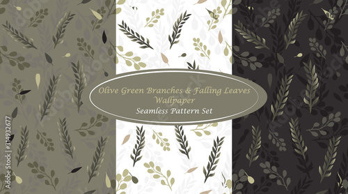 Olive Green Branches & Falling Leaves Wallpaper Set