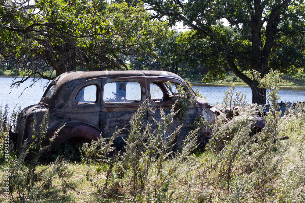 Rusting and old car in a field by a pond Rusting and old car in a field by a pond