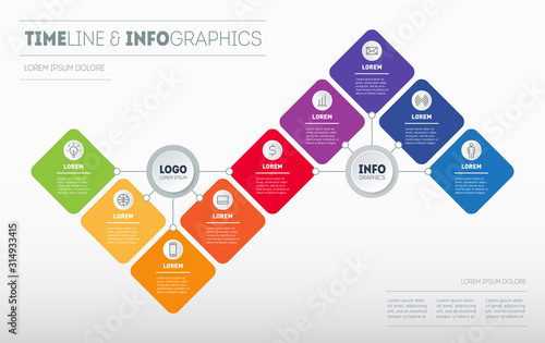 Timeline, Presentation or infographics with 9 steps. Template of Info graphic for technological or education process with nine options. Gradual development of business in a recession. Investment plan.