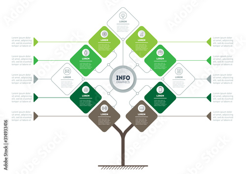 Timeline or infographics. Info graphic of tendencies. Business presentation concept with 8 or 11 options, parts, steps or processes. Tree of development and growth of the eco business.