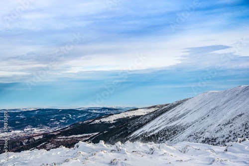 Winter mountain scenery . Mountain range during winter season   weather in mountains