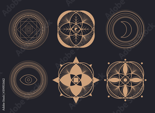 Circle Geometric Ornaments Round Mystic. Geometric alchemy symbol. Abstract occult and tarot, esoteric signs. Vector Set.