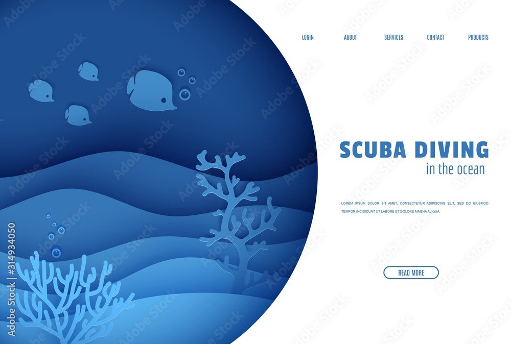 Web page design template in paper cut style underwater ocean underwater view through cave porthole. Coral reef seabed fish in algae waves. Vector paper craft diving World Water Day website concept.