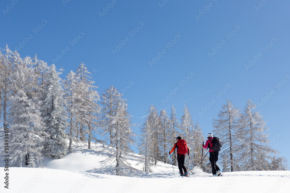 Ski mountaineering in the Austrian Alps. Winter sport concept