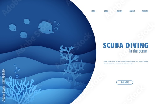 Web page design template in paper cut style underwater ocean underwater view through cave porthole. Coral reef seabed fish in algae waves. Vector paper craft diving World Water Day website concept.
