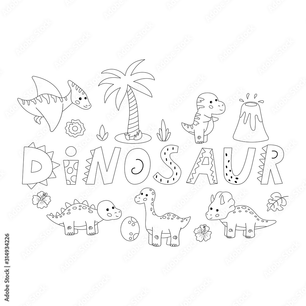 Fototapeta premium Cute cartoon kawaii dinosaurs coloring page. Educational game for preschool children. Black and white vector illustration.