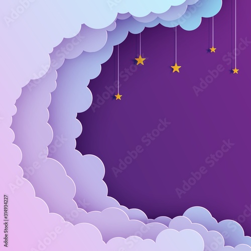 Night sky in paper cut style. Cut out 3d background with violet and blue gradient cloudy landscape with stars on rope papercut art. Cute origami clouds. Vector card for wish good night sweet dreams.