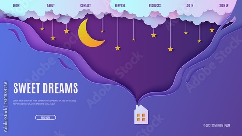 Night sky in paper cut style. Web page design template cute house with smoke from the chimney. 3d background with cloudy landscape with stars on rope and moon papercut art. Vector card. Origami clouds