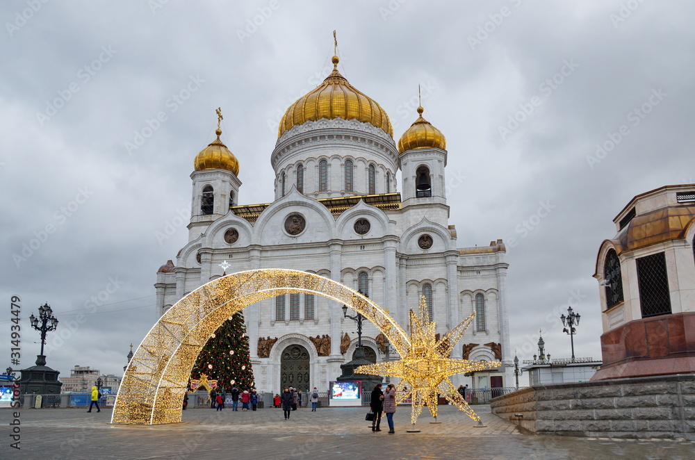 Moscow, Russia - January 10, 2020: Christmas decoration near the Cathedral of Christ the Saviour