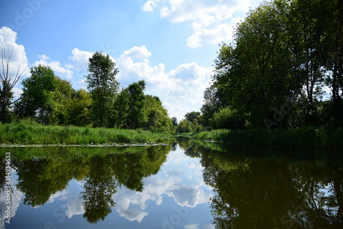 Wycieczka brzegiem rzeki wśród zielonych drzew i krzewów w letni pogodny dzień.