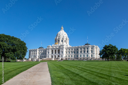 Saint Paul Minnesota Capitol Building and Grounds on a Summer Day, Clear Blue Sky, Green Lawn, Sidewalk, Leading Line
