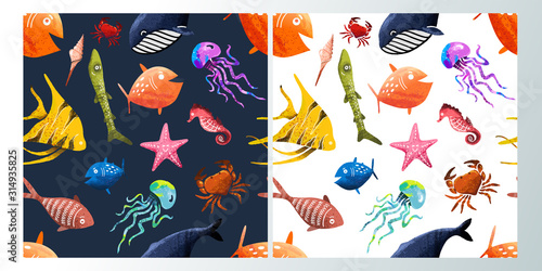 Sea and ocean fish seamless bright pattern. Characters seahorse, jellyfish, starfish, crab, whale and many other inhabitants of the waters of the seas and oceans, cartoon vector illustration.