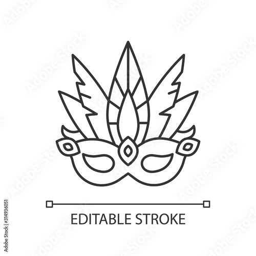 Masquerade mask pixel perfect linear icon. Traditional headwear with plumage. National holiday. Thin line customizable illustration. Contour symbol. Vector isolated outline drawing. Editable stroke