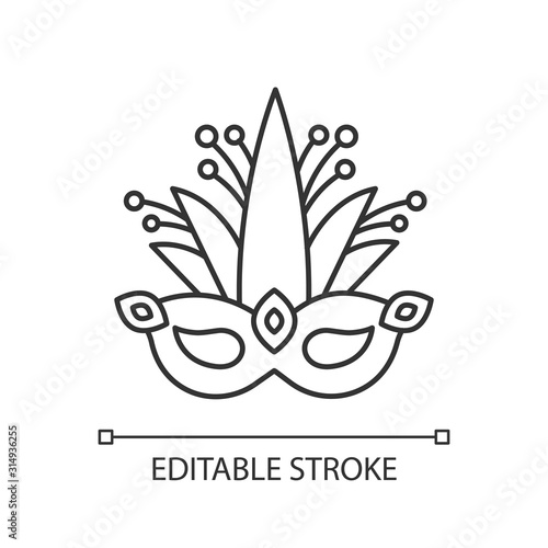 Masquerade mask pixel perfect linear icon. Traditional headwear with plant leaves. Ethnic festival. Thin line customizable illustration. Contour symbol. Vector isolated drawing. Editable stroke