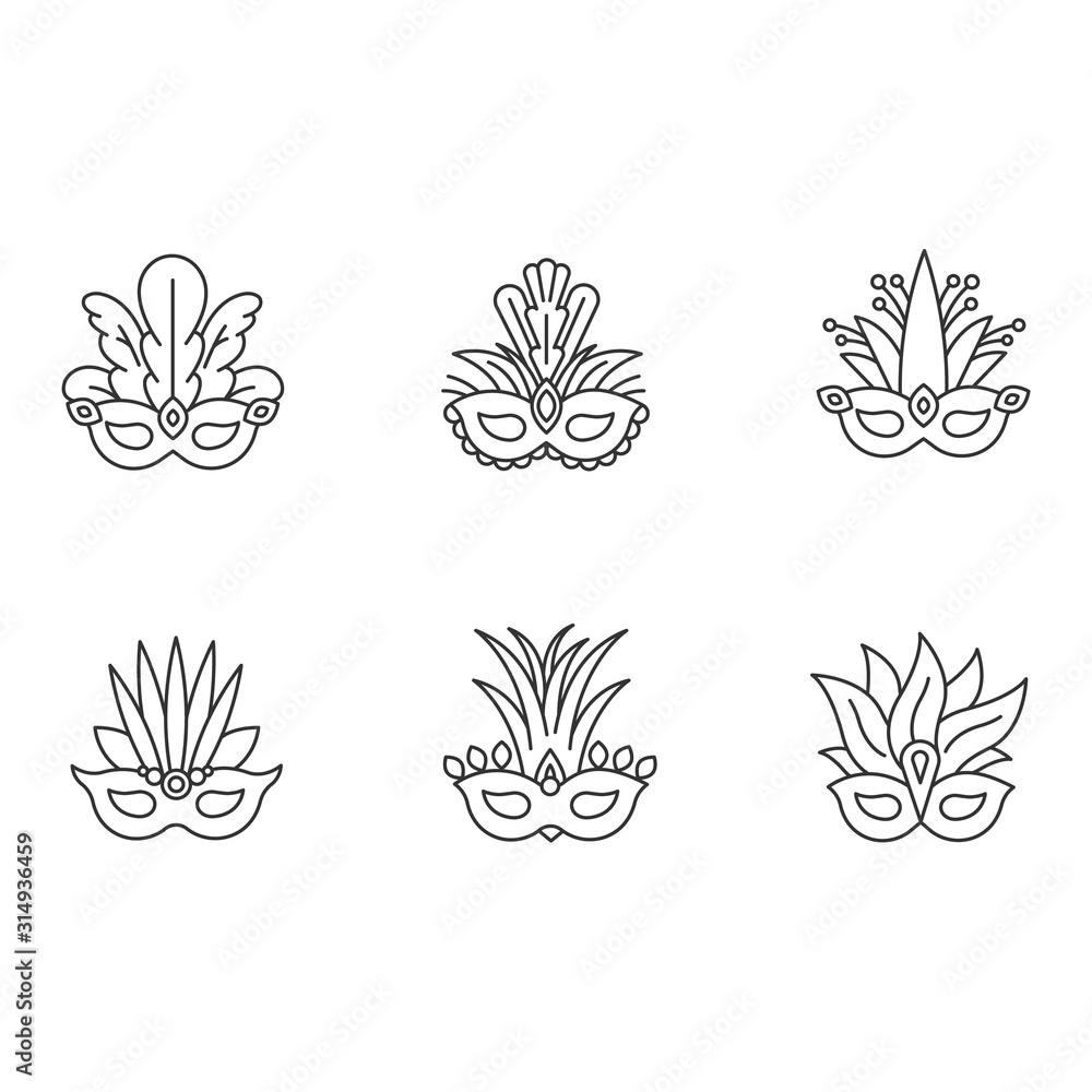 Masquerade masks pixel perfect linear icons set. Traditional headwear with plumage. Ethnic festival. Customizable thin line contour symbols. Isolated vector outline illustrations. Editable stroke Masquerade masks pixel perfect linear icons set. Traditional headwear with plumage. Ethnic festival. Customizable thin line contour symbols. Isolated vector outline illustrations. Editable stroke